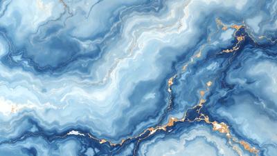 The primary subject of the image is a blue and gold marbled stone. The setting is a blue and gold marbled stone wall, which serves as the background. The visual style is a close-up of the marbled stone, showcasing its intricate patterns and colors. The dominant colors are blue and gold, creating a rich and luxurious atmosphere.