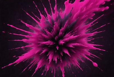 The primary subject of the image is a large, pink, swirling mass of paint, which appears to be a close-up of a splattered paint blob. The setting is a dark background, which contrasts with the vibrant pink color of the paint. The visual style is a combination of a photo and a digital art, as the image captures the dynamic nature of the paint splatter. The colors and mood of the image are predominantly pink, creating a sense of energy and movement.