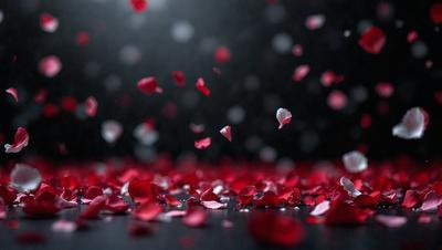 The primary subject of the image is a large number of red petals scattered on the ground. The setting is a dark room, and the visual style appears to be a photo. The dominant colors are red and black, creating a dramatic and moody atmosphere.