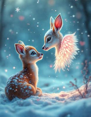The primary subject of the image is a baby deer, which is sitting in the snow. The setting is a snowy forest, with the baby deer looking up at a larger deer, which appears to be an angel. The visual style is a digital art illustration, creating a whimsical and magical atmosphere. The dominant colors are white and brown, with the snowy forest providing a serene and peaceful mood.