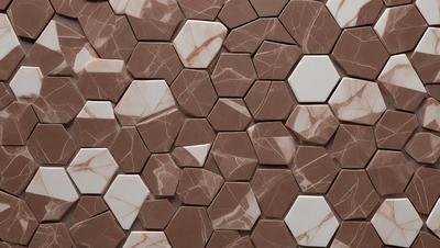 The primary subject of the image is a marble tile wall with a unique pattern. The setting is a bathroom, and the visual style is a close-up of the tile wall. The colors and mood of the image are predominantly brown and earthy, giving the space a warm and natural ambiance.