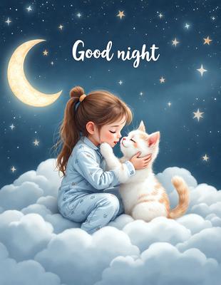 The primary subject of the image is a young girl and a cat. The girl is sitting on a cloud, and the cat is resting on her lap. The setting is a night sky, with a moon visible in the background. The visual style is a digital art illustration, creating a whimsical and dreamy atmosphere. The dominant colors are shades of blue and white, which contribute to the overall mood of the scene.