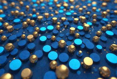 The primary subject of the image is a blue background with a pattern of gold and blue circles. The setting is a blue surface, and the visual style appears to be a combination of photo and digital art. The dominant colors are blue and gold, creating a calm and soothing atmosphere.