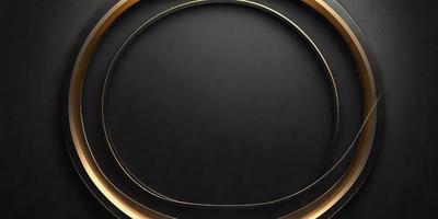 The primary subject of the image is a black background with a gold circle in the center. The setting is a dark room, and the visual style is a close-up of the gold circle. The colors and mood of the image are predominantly dark and moody, with the gold circle providing a contrasting element of brightness and warmth.
