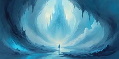 The primary subject of the image is a person walking in a cave. The setting is a cave with a blue background, and the visual style is an illustration. The colors and mood of the image are predominantly blue, creating a calm and serene atmosphere.