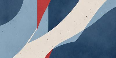 The primary subject of the image is a blue and red painting of a hand. The setting is a blue and red background, which complements the colors of the hand. The visual style is a painting, and the colors and mood are vibrant and energetic.