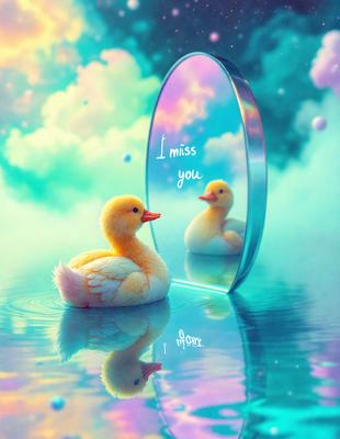 The primary subject of the image is a duckling sitting in a pond. The setting is a pond with a cloudy sky in the background. The visual style is a digital art or illustration, creating a whimsical and playful atmosphere. The colors are predominantly shades of blue and green, which contribute to the serene and calming mood of the scene.