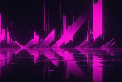 The primary subject of the image is a reflection of a cityscape on a pink surface. The setting appears to be a futuristic city with a purple hue. The visual style of the image is a combination of digital art and illustration, creating a unique and captivating scene. The dominant colors in the image are pink and purple, giving the scene a futuristic and surreal atmosphere.