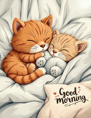 The primary subject of the image is two cats, one orange and one brown, lying down together on a bed. The setting is a cozy and comfortable environment, with the cats resting on a white surface. The visual style is a hand-drawn illustration, giving the image a warm and inviting atmosphere. The colors and mood are predominantly white and orange, creating a sense of warmth and relaxation.