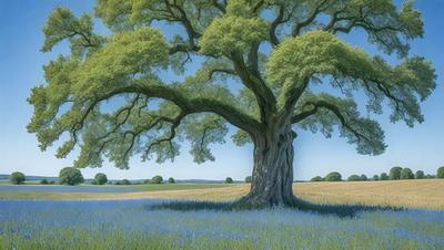 The primary subject of the image is a large tree with a blue sky in the background. The tree is surrounded by a field of blue flowers, creating a serene and picturesque scene. The visual style of the image is a combination of digital art and illustration, giving it a vibrant and lively appearance. The colors and mood of the image are predominantly blue, with the blue sky and flowers creating a calming and peaceful atmosphere.