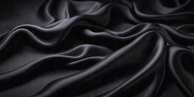 The primary subject of the image is a close-up of a black fabric, possibly a piece of clothing or a curtain. The setting is a dark room, and the visual style appears to be a photo. The dominant colors are black, and the overall atmosphere is mysterious and dramatic.