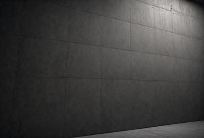 The primary subject of the image is a large, gray concrete wall. The setting is a dark room, and the visual style is a black and white photo. The dominant colors are gray and black, creating a moody atmosphere.