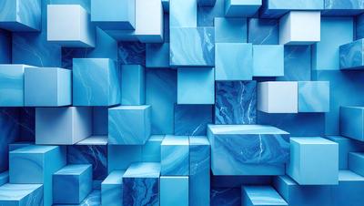 The primary subject of the image is a blue marble wall with a pattern of blue and white squares. The setting is a room with a blue marble wall, and the visual style is a digital art or illustration. The dominant colors are blue and white, creating a calm and soothing atmosphere.