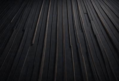 The primary subject of the image is a black and white photo of a wooden floor. The setting is a dark room, and the visual style is a close-up of the floor. The colors and mood of the image are predominantly dark and moody, with the black and white color scheme adding to the atmosphere.