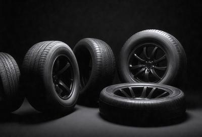 The primary subject of the image is a set of four tires, each with a different design. They are placed on a black surface, which could be a table or a floor. The setting appears to be a dark room, possibly a garage or a storage area. The visual style of the image is a close-up of the tires, showcasing their details and designs. The colors and mood of the image are dark and moody, emphasizing the contrast between the tires and the black surface.