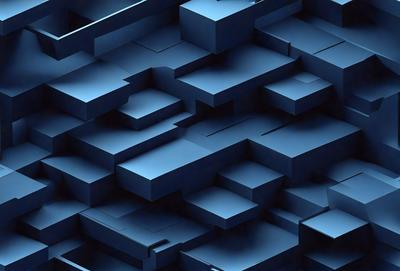 The primary subject of the image is a blue, three-dimensional grid pattern. The setting is a blue background, which creates a visually striking contrast with the grid pattern. The visual style is a digital art or illustration, as the grid pattern is created through a digital medium. The colors and mood of the image are predominantly blue, giving it a calm and serene atmosphere.