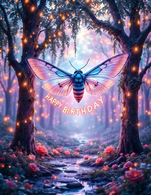 The primary subject of the image is a butterfly, which is the main object, scene, or focus of the image. The butterfly is flying in front of a forest, creating a serene and natural setting. The visual style of the image is digital art, as it is a digital illustration of a butterfly. The colors and mood of the image are predominantly pink, which gives it a warm and inviting atmosphere.