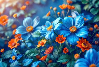 The primary subject of the image is a beautiful bouquet of flowers in a blue vase. The flowers are predominantly orange and blue, creating a vibrant and lively atmosphere. The setting is a garden, with the flowers placed in a vase on a table. The visual style of the image is a combination of photo and digital art, resulting in a stunning and realistic representation of the flowers. The colors and mood of the image are energetic and cheerful, with the bright orange and blue hues ev