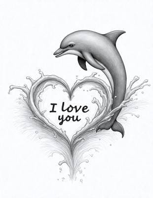 The primary subject of the image is a heart-shaped design featuring a dolphin. The dolphin is depicted in the center of the heart, with water surrounding it. The setting is a white background, which provides a clean and minimalist appearance. The visual style is a combination of digital art and illustration, creating a unique and creative design. The colors used are predominantly shades of blue and white, which contribute to a calm and serene atmosphere.