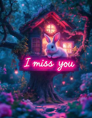 The primary subject of the image is a bunny sitting on a tree branch. The setting is a forest with a house in the background. The visual style is a digital art illustration, creating a whimsical and playful atmosphere. The dominant colors are pink and purple, which add to the overall mood of the scene.