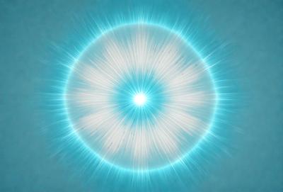 The primary subject of the image is a bright blue circle with a white center, which appears to be a light source. The setting is a blue background, and the visual style is a digital art or illustration. The dominant colors are blue and white, creating a calm and serene atmosphere.