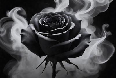 The primary subject of the image is a single black rose. The setting is a dark, foggy environment, creating a mysterious and dramatic atmosphere. The visual style is a close-up of the rose, emphasizing its details and texture. The dominant colors are black and grey, with the rose being the main focus of the image.