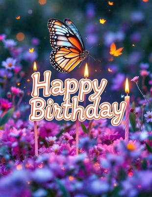 The primary subject of the image is a birthday celebration. The setting is a garden with a field of flowers, and the visual style is a combination of photo and digital art. The colors are predominantly pink, and the overall atmosphere is joyful and festive.