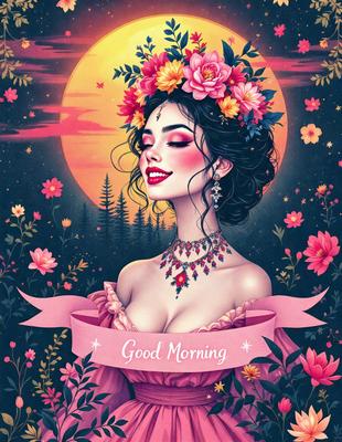 The primary subject of the image is a woman wearing a crown of flowers on her head. She is smiling and appears to be the main focus of the scene. The setting is a forest, with trees visible in the background. The visual style is a combination of digital art and illustration, creating a vibrant and lively atmosphere. The colors are predominantly pink, which adds a sense of warmth and happiness to the scene.