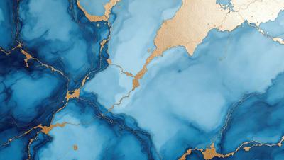 The primary subject of the image is a painting of a blue ocean with gold accents. The setting is a blue ocean with gold accents, and the visual style is a painting. The dominant colors are blue and gold, creating a serene and calming atmosphere.