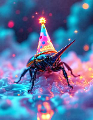 The primary subject of the image is a colorful, rainbow-colored unicorn with a birthday hat on its head. The unicorn is standing on a surface covered in a rainbow-colored substance, which adds to the vibrant and festive atmosphere of the scene. The visual style of the image is a combination of digital art and illustration, creating a unique and eye-catching representation of the unicorn. The colors and mood of the image are lively and celebratory, with
