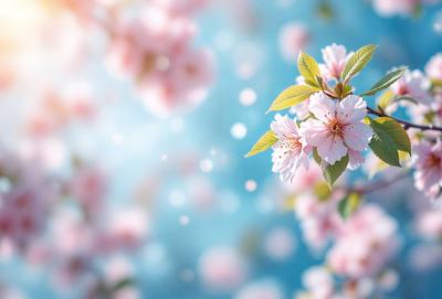 The primary subject of the image is a close-up of a flower, possibly a cherry blossom, with a blue background. The visual style appears to be a photo, capturing the beauty of the flower in its natural environment. The colors and mood of the image are predominantly pink, which adds a sense of warmth and elegance to the scene.