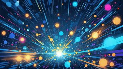 The primary subject of the image is a bright, colorful, and dynamic light effect. The setting is a dark background, which contrasts with the light effect, creating a visually striking scene. The visual style is a combination of digital art and illustration, with the light effect being digitally created and the overall atmosphere being vibrant and energetic. The colors and mood of the image are predominantly blue and yellow, with the blue light effect and yellow stars creating a lively and engaging atmosphere.
