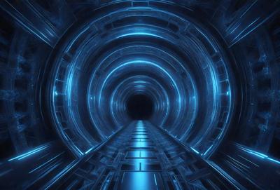 The primary subject of the image is a tunnel or a large tube-like structure with a blue light illuminating it. The setting is a futuristic environment, possibly a space station or a high-tech facility. The visual style is a combination of digital art and illustration, creating a surreal and captivating atmosphere. The dominant colors are blue and black, giving the scene a sense of depth and mystery.