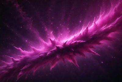 The primary subject of the image is a purple, pink, and white space object, which appears to be a large, curved, and twisted structure. The setting is a dark, starry sky, with the object being the main focus of the image. The visual style is a combination of digital art and illustration, creating a unique and captivating scene. The colors and mood of the image are predominantly purple and pink, giving it a dreamy and surreal atmosphere.