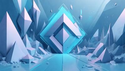 The primary subject of the image is a large, blue, three-dimensional structure, possibly a building or a sculpture. The setting is a futuristic environment, with the structure surrounded by a blue, geometric backdrop. The visual style appears to be a combination of digital art and illustration, creating a unique and captivating scene. The dominant colors in the image are blue and white, giving the scene a futuristic and modern feel.