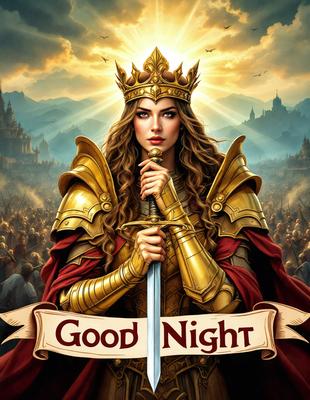Good Night: A woman in a gold crown holding a sword, with a sun in the background.