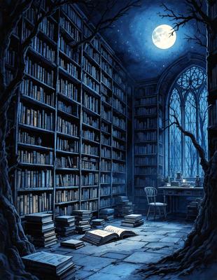 The primary subject of the image is a library filled with books. The setting is a room with a large number of books on shelves, creating a cozy and intellectual atmosphere. The visual style is a digital art, which adds a sense of depth and realism to the scene. The colors and mood are predominantly dark, with the books and shelves being the main focus of the image.