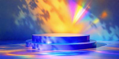 The primary subject of the image is a blue and yellow circle, which appears to be a light source or a brightly colored object. The setting is a brightly lit environment, possibly a sunny day or a well-lit room. The visual style of the image is a combination of photo and digital art, creating a vibrant and colorful scene. The dominant colors in the image are blue and yellow, giving it a lively and energetic atmosphere.
