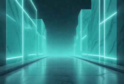 The primary subject of the image is a long, narrow hallway with a blue light illuminating it. The setting is a futuristic city, with the hallway leading to a series of tall, blue-lit buildings. The visual style is digital art, with the blue light creating a unique atmosphere. The colors and mood of the image are predominantly blue, giving it a futuristic and otherworldly feel.