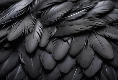 The primary subject of the image is a close-up of a black bird's wing, showcasing its feathers. The setting is a black background, which emphasizes the bird's wing and its details. The visual style is a black and white photo, which adds a classic and timeless feel to the image. The dominant colors are black and white, creating a moody and dramatic atmosphere.