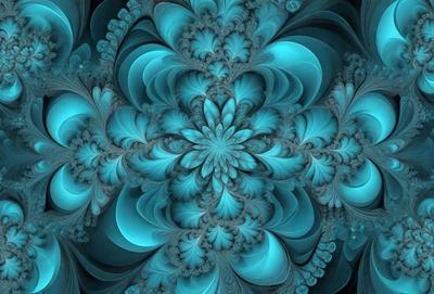 The primary subject of the image is a blue and green floral pattern. The setting is a blue background, and the visual style appears to be a digital art or illustration. The dominant colors are blue and green, creating a calm and serene atmosphere.