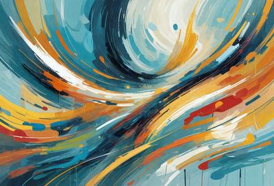 The primary subject of the image is a painting featuring a blue background with a yellow and orange swirl. The setting is an art gallery, and the visual style is a mix of digital art and illustration. The dominant colors in the painting are blue, yellow, and orange, creating a vibrant and lively atmosphere.