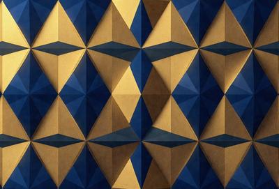 The primary subject of the image is a patterned wall with a blue and gold color scheme. The setting is a room with a blue and gold wallpaper, which creates a visually appealing and unique atmosphere. The visual style of the image is a combination of digital art and illustration, showcasing the intricate design of the wallpaper. The dominant colors in the image are blue and gold, which create a sense of warmth and sophistication.