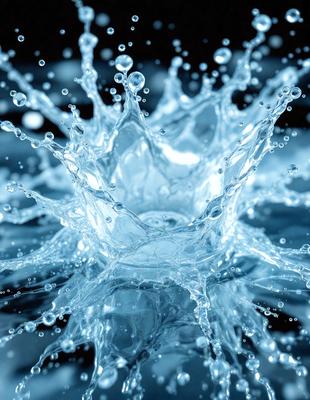 The primary subject of the image is a large, blue, splashing water droplet. The setting is a dark background, which contrasts with the bright blue color of the water droplet. The visual style is a close-up of the water droplet, showcasing its details and texture. The colors and mood of the image are predominantly blue, creating a sense of depth and tranquility.