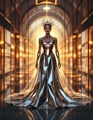 The primary subject of the image is a woman dressed in a silver gown, standing in a hallway with a sunlit background. The setting appears to be a futuristic or fantasy-inspired environment. The visual style of the image is digital art, as it is a computer-generated or digitally rendered scene. The colors and mood of the image are predominantly silver and gold, creating a sense of elegance and sophistication.