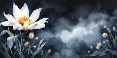 Primary subject: A white flower with a long stem.

Setting/background: The flower is in a dark, cloudy sky, with a starry background.

Visual style: The image is a painting or digital artwork.

Colors and mood: The dominant colors are white and dark, creating a moody and dramatic atmosphere.