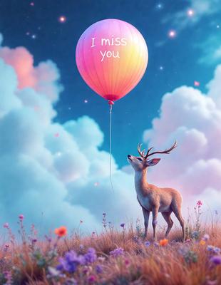 The primary subject of the image is a deer with antlers, standing in a field with flowers. The setting is a cloudy sky, and the visual style is a digital art or illustration. The colors and mood of the image are predominantly pink and whimsical, creating a sense of playfulness and innocence.