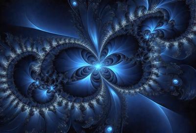 The primary subject of the image is a blue and white spiral pattern, which appears to be a digital art or illustration. The setting is a blue background, and the visual style suggests that it is a digital artwork. The colors and mood of the image are predominantly blue and white, creating a calm and serene atmosphere.