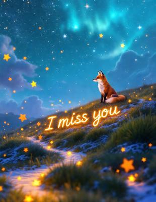 The primary subject of the image is a fox sitting on a hillside at night. The setting is a grassy hill with a starry night sky in the background. The visual style is a digital art illustration, creating a whimsical and magical atmosphere. The colors are predominantly dark, with the fox being the main focal point, and the stars in the sky adding a sense of wonder and tranquility to the scene.