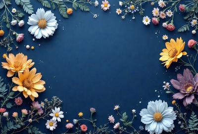 The primary subject of the image is a blue background with a flower arrangement. The setting is a blue wall, and the visual style is a combination of photo and digital art. The colors are predominantly blue and white, creating a calm and serene atmosphere.